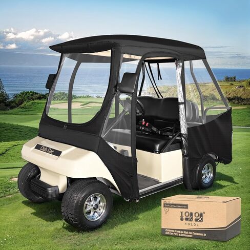 10L0L 4 Passenger Golf Cart Enclosure, Storage Cover (Short Roof 56" with Bench) for Club Car DS, Windproof Waterproof Portable 4-Sided Clear Window & Roll-up Zipper Door (Black/Transparent) in Kuwait