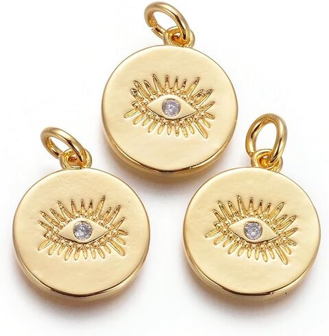KitBeads 10 قطع من سحر عين الشر المكعبة من الزركونيا - 18 قيراط مطلية بالذهب مسطحة مستديرة محظوظة على شكل عين الشر لصنع المجوهرات بكميات كبيرة in Kuwait