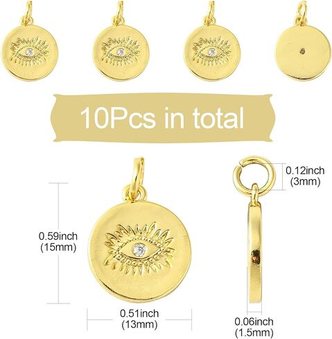 KitBeads 10 قطع من سحر عين الشر المكعبة من الزركونيا - 18 قيراط مطلية بالذهب مسطحة مستديرة محظوظة على شكل عين الشر لصنع المجوهرات بكميات كبيرة in Kuwait