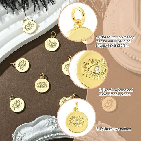 KitBeads 10 قطع من سحر عين الشر المكعبة من الزركونيا - 18 قيراط مطلية بالذهب مسطحة مستديرة محظوظة على شكل عين الشر لصنع المجوهرات بكميات كبيرة in Kuwait