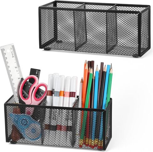 2-Pack Metal Mesh Pencil Holder, 3-Compartment Black Desk Organizer for Pens, Brushes, Utensils & Office Supplies - Sturdy Wire Storage Tray for Home or Workplace (8.86x3.15x3.74 Inch) in Saudi Arabia
