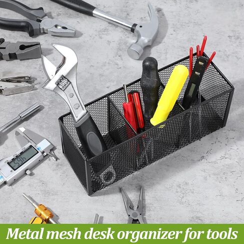 2-Pack Metal Mesh Pencil Holder, 3-Compartment Black Desk Organizer for Pens, Brushes, Utensils & Office Supplies - Sturdy Wire Storage Tray for Home or Workplace (8.86x3.15x3.74 Inch) in Saudi Arabia