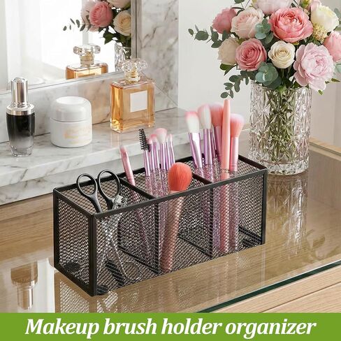 2-Pack Metal Mesh Pencil Holder, 3-Compartment Black Desk Organizer for Pens, Brushes, Utensils & Office Supplies - Sturdy Wire Storage Tray for Home or Workplace (8.86x3.15x3.74 Inch) in Saudi Arabia