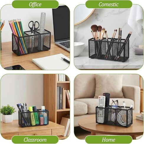 2-Pack Metal Mesh Pencil Holder, 3-Compartment Black Desk Organizer for Pens, Brushes, Utensils & Office Supplies - Sturdy Wire Storage Tray for Home or Workplace (8.86x3.15x3.74 Inch) in Saudi Arabia