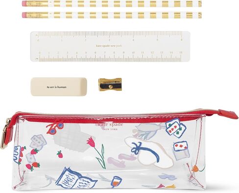 kate spade new york Clear Pen and Pencil Case for Women, Cute Work Stationery, PVC Zip Pouch Includes 2 Pencils, Sharpener, Eraser, and Ruler (Park Picnic) in Kuwait