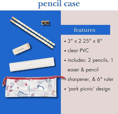 kate spade new york Clear Pen and Pencil Case for Women, Cute Work Stationery, PVC Zip Pouch Includes 2 Pencils, Sharpener, Eraser, and Ruler (Park Picnic) in Kuwait