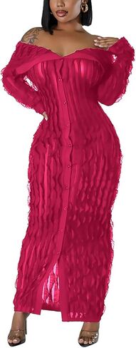 Women's See Through Off Shoulder Dress Long Sleeve Button Down Ruffle Stretchy Maxi for Club Night Out in Saudi Arabia