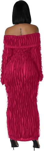 Women's See Through Off Shoulder Dress Long Sleeve Button Down Ruffle Stretchy Maxi for Club Night Out in Saudi Arabia