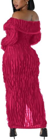 Women's See Through Off Shoulder Dress Long Sleeve Button Down Ruffle Stretchy Maxi for Club Night Out in Saudi Arabia