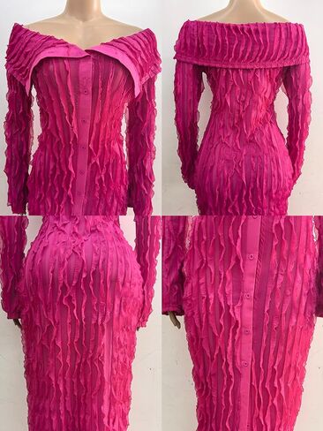 Women's See Through Off Shoulder Dress Long Sleeve Button Down Ruffle Stretchy Maxi for Club Night Out in Saudi Arabia