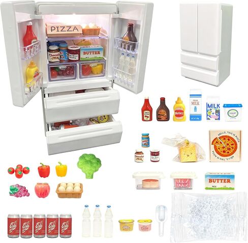 1:12 Mini Fridge Toy, Miniature Refrigerator Playset with 41pcs Mini Food Toys for Dollhouse Furniture & Kitchen Accessories in Saudi Arabia