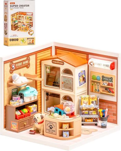 Rolife Super Creator Furry Friends' Home DIY Miniature House Kit, Snap-Fit Plastic 3D Puzzle No Glue Needed, Stackable Pet Store Room Decor Gift for Adults & Teens, 89 PCS in Kuwait