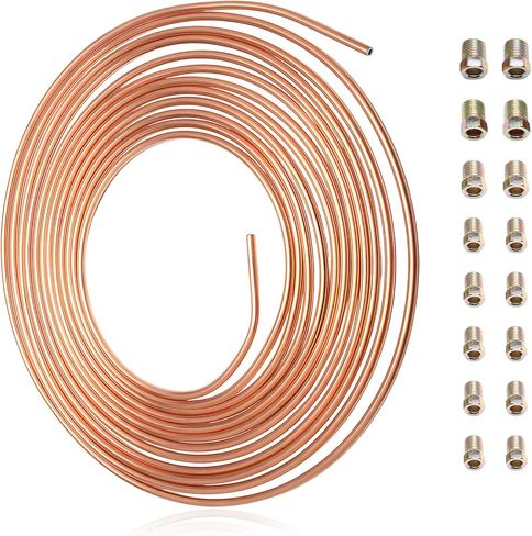 Sun Walker 25Ft 3/16" Brake Line, Bendable Zinc-Coated Iron Brake Line Tube Roll Kit with 16 Fittings, Flexible Corrosion-Resistant Tubing Coil Roll for Hydraulic Fuel Transmission (Golden) in Saudi Arabia