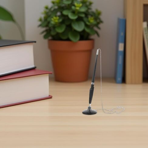 TEHAUX Secure Ballpoint Pen with Chain and Adhesive Base Holder, Black 6pcs Desktop Counter Pens for Bank, Office, and Reception Signing Use in Kuwait