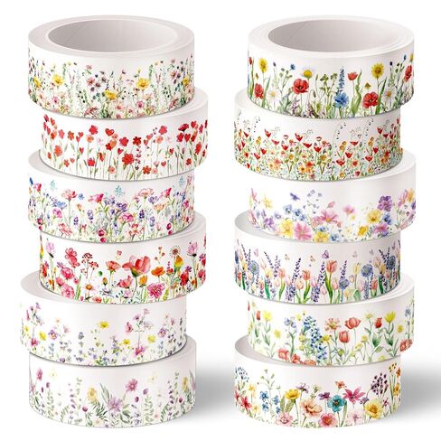 Whaline 12 Rolls Sage Green Floral Washi Tape Masking Tape Set Flower Leaves Plaid Striped Decorative Wrapping Paper Tapes Boxed for Wedding Scrapbook Journal DIY Crafts in Kuwait