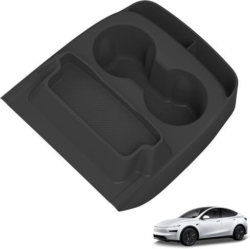 حامل أكواب لوحدة التحكم المركزية من LUCKEASY مع صندوق تخزين لطراز Tesla Y Juniper الإصدار القياسي 2026 2025 حقيبة تخزين النظارات ملحقات منظم علبة تخزين داخلية من السيليكون الأسود in Kuwait