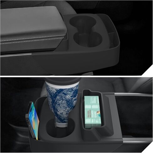 حامل أكواب لوحدة التحكم المركزية من LUCKEASY مع صندوق تخزين لطراز Tesla Y Juniper الإصدار القياسي 2026 2025 حقيبة تخزين النظارات ملحقات منظم علبة تخزين داخلية من السيليكون الأسود in Kuwait