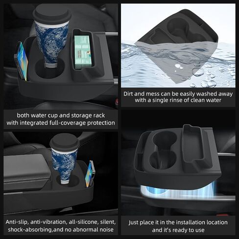 حامل أكواب لوحدة التحكم المركزية من LUCKEASY مع صندوق تخزين لطراز Tesla Y Juniper الإصدار القياسي 2026 2025 حقيبة تخزين النظارات ملحقات منظم علبة تخزين داخلية من السيليكون الأسود in Kuwait