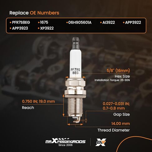 maxpeedingrods 4 قطع شمعات الإشعال إيريديوم PFR7S8EG 1675 لأودي A3 A4 A5 A6 Q3 Q5 R8 RS5 TT، لفولكس واجن CC جيتا جولف باسات تيجوان، لتشيفي كروز سونيك تراكس فولت، لكاديلاك بويك in Kuwait