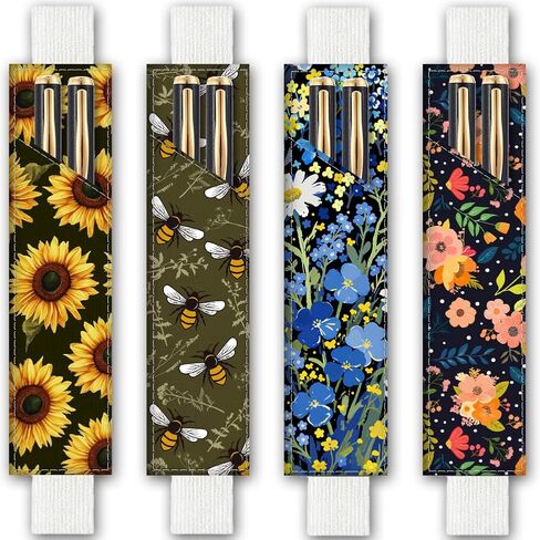 4Pcs 4 Styles Elastic Band Pen Holder 7.9 x 1.8 Inch Notebook Pencil Pouch Cute Flowers Bee Design Compatible Adjustable Band Leather Pen Case for Journal Bible Planner Diary Office Use in Kuwait