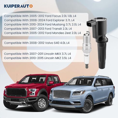 مجموعة KUIPERAUTO مكونة من 4 عبوات ملف إشعال وشمعات إشعال متوافقة مع 2005-2024 Ford Focus Explorer Mustang Transit Connect حزم لفائف FD505 DG507 استبدال 4M5G12A366BC in Kuwait