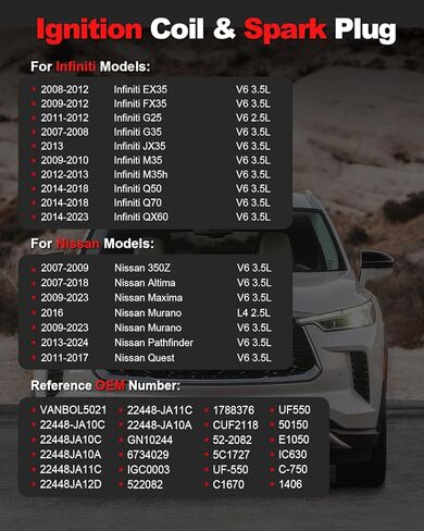 مجموعة من 6 ملفات إشعال UF550 وقابس إشعال إيريديوم متوافق مع نيسان ألتيما 2007-2018 مورانو 2009-2023 ماكسيما باثفايندر كويست 350Z إنفينيتي QX60 FX35 Q50 Q70 EX35 FX35 G25 G35 V6 3.5L in Kuwait