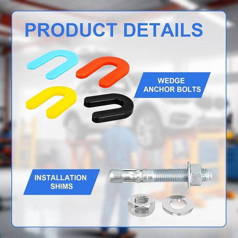 58 Pcs Lift Install Kit Car Lift Installation 18 3/4" x 5.5"Wedge Anchor Bolts and 4 Colors 40 1/4" 1/8" 1/16" 3/16" Leveling Shims in Saudi Arabia