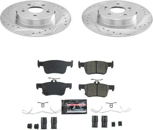 طقم فرامل خلفية PowerStop لسيارة Acura TLX 2021-25 - دوارات قرصية محفورة ومشقوقة مع استبدال وسادات الفرامل السيراميكية، K8774 in Kuwait
