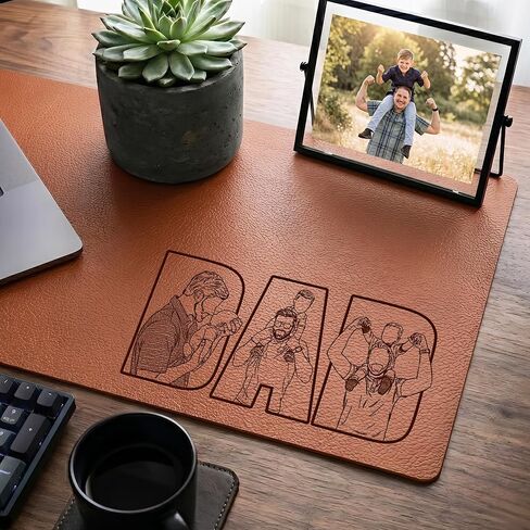 Personalized Sketch Photo Desk Mat for Dad, Custom Engraved Line Art Mouse Pad, Non-Slip PU Leather Blotter, Fathers Day Desk Mat in Kuwait