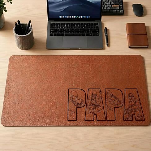 Personalized Sketch Photo Desk Mat for Dad, Custom Engraved Line Art Mouse Pad, Non-Slip PU Leather Blotter, Fathers Day Desk Mat in Kuwait