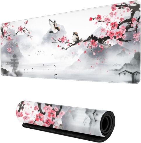 Cherry Blossom Sakura Mouse Pad - 31.5 X 11.8 Inch Pink, Stitched Edges, Rubber Base, Non-Slip, Waterproof, Suitable for Desk/Office/Game in Saudi Arabia