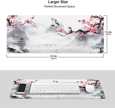 Cherry Blossom Sakura Mouse Pad - 31.5 X 11.8 Inch Pink, Stitched Edges, Rubber Base, Non-Slip, Waterproof, Suitable for Desk/Office/Game in Saudi Arabia