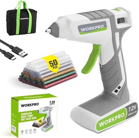 مسدس صمغ ساخن لاسلكي من WORKPRO، تسخين مسبق سريع لمدة 30 ثانية، مجموعة مسدس صمغ مزدوج درجة الحرارة 7.2 فولت مع 50 قطعة من عصي مسدس الغراء، حقيبة تخزين، سلك شحن USB-C، بطارية 2600 مللي أمبير في الساعة للأعمال اليدوية والحرفية، أبيض in Kuwait