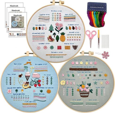 Gocomcom Embroidery Kit for Beginners, 3 Sets Cross Stitch Kits for Adults, Learn 33 Core Stitches, Needle Point Kits with Step-by-Step Instructions, DIY Craft Hobby Supplies for Women in Saudi Arabia