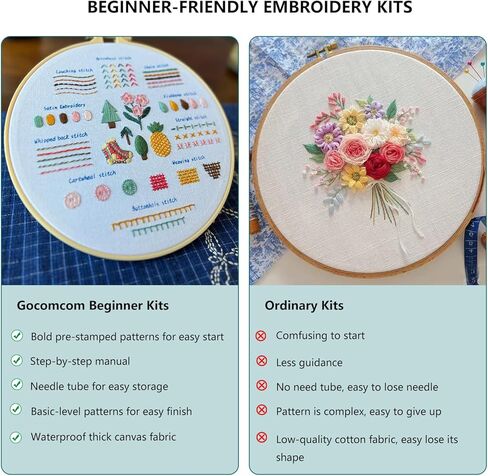 Gocomcom Embroidery Kit for Beginners, 3 Sets Cross Stitch Kits for Adults, Learn 33 Core Stitches, Needle Point Kits with Step-by-Step Instructions, DIY Craft Hobby Supplies for Women in Saudi Arabia