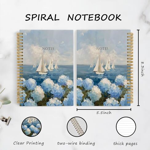 YLZlhb Coastal Beach Blue Hydrangea Floral Spiral Notebook Journal, Ocean Sailboat Hydrangea Flower Notebooks for School Note Taking, Blue Ocean Beach Flower Hardcover Spiral Journal 5.5x8.3 Inches in Kuwait