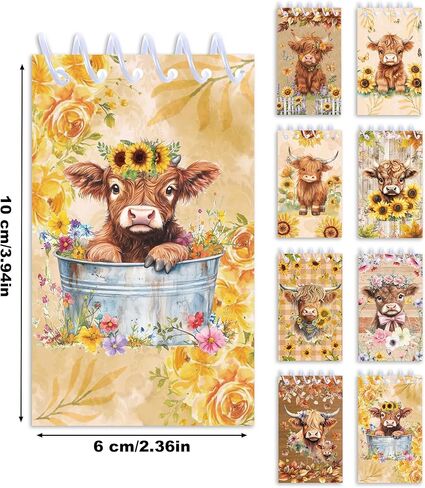 24pcs Watercolor Highland Cow Mini Spiral Notebook Sunflower Highland Cow Mini Notepad DIY Crafts for Wedding Birthday Baby Shower Party Gifts Supplies School Rewards in Kuwait