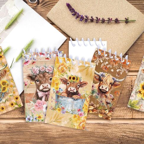 24pcs Watercolor Highland Cow Mini Spiral Notebook Sunflower Highland Cow Mini Notepad DIY Crafts for Wedding Birthday Baby Shower Party Gifts Supplies School Rewards in Kuwait