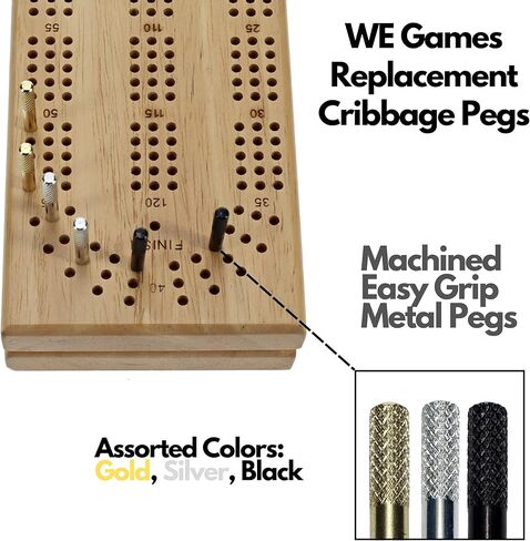 WE Games Cribbage Board Pegs Metal, Set of 6 Machined Cribbage Pegs Unique, 3 Colors (Brass, Silver & Black) Felt Pouch for Travel, Bulk Cribbage Pegs, Classic Board Games for Adults in Kuwait