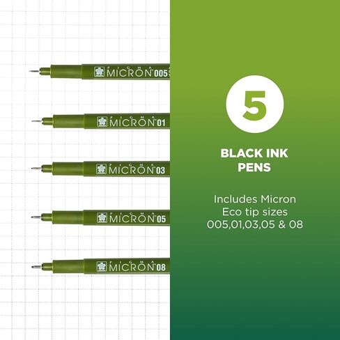 SAKURA Pigma Micron ECO Fineliner - مجموعة أقلام Fineliner للأعمال الدقيقة والرسم والتوضيح - حبر أرشيفي - طرف دقيق - جودة احترافية - أسود - عدد 5 in Kuwait