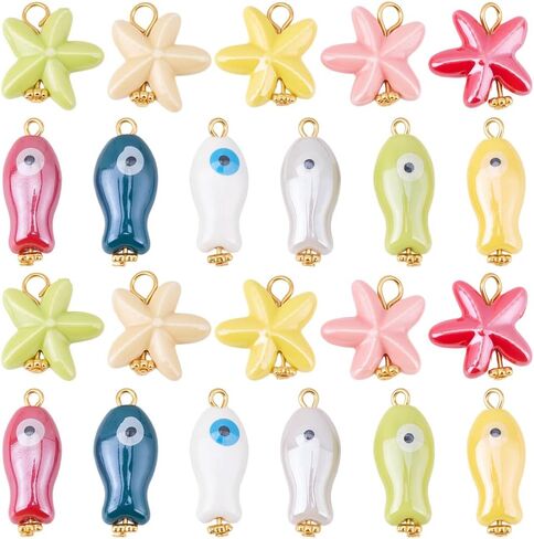 1 Box 24Pcs 12 Styles Star Fish Charms Porcelain Bead Charms Bulk Colorful Ceramic Summer Sea Ocean Starfish Fishes Shaped Pendants with Loop for Jewelry Making Necklace Earring DIY Craft in Saudi Arabia