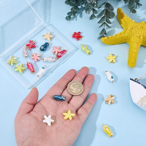 1 Box 24Pcs 12 Styles Star Fish Charms Porcelain Bead Charms Bulk Colorful Ceramic Summer Sea Ocean Starfish Fishes Shaped Pendants with Loop for Jewelry Making Necklace Earring DIY Craft in Saudi Arabia