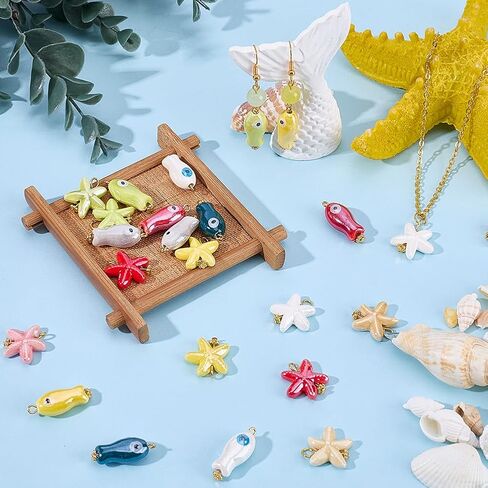 1 Box 24Pcs 12 Styles Star Fish Charms Porcelain Bead Charms Bulk Colorful Ceramic Summer Sea Ocean Starfish Fishes Shaped Pendants with Loop for Jewelry Making Necklace Earring DIY Craft in Saudi Arabia