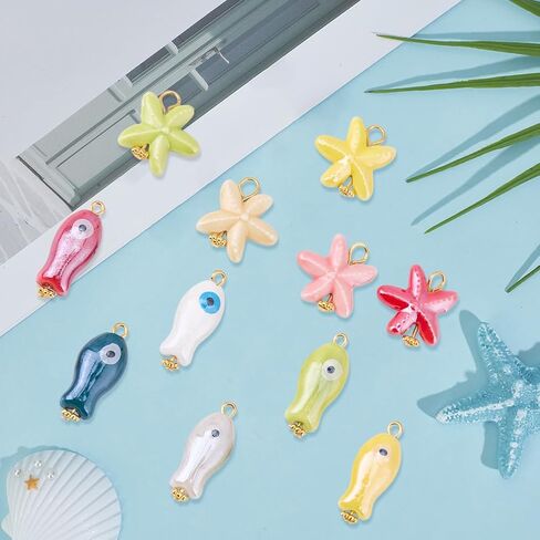 1 Box 24Pcs 12 Styles Star Fish Charms Porcelain Bead Charms Bulk Colorful Ceramic Summer Sea Ocean Starfish Fishes Shaped Pendants with Loop for Jewelry Making Necklace Earring DIY Craft in Saudi Arabia