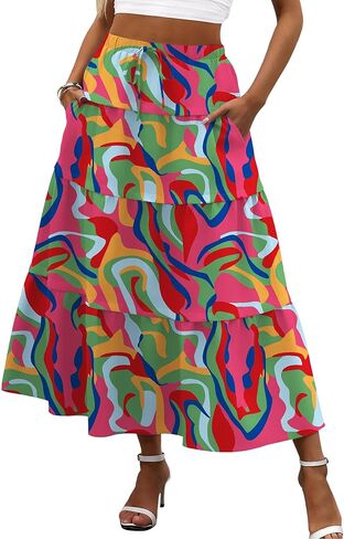 Anbech Women Maxi Skirt Summer Boho Layered A-Line High Waist Beach Flowy Long Skirts with Pockets in Saudi Arabia