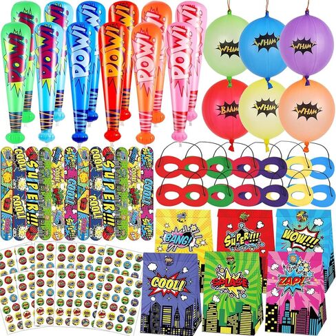 12Sets Hero Themed Super Party Favors with Inflatable Bat Paper Gift Bag Balloon Slap Bracelet Hero Eye Mask Sticker Comic Hero Theme Party Supplies for Birthday Classroom Game Activities in Kuwait