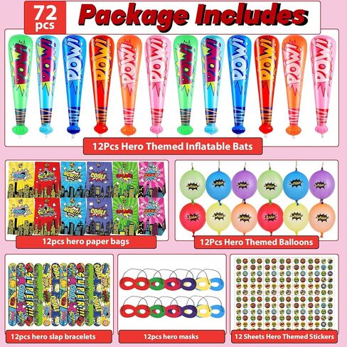 12Sets Hero Themed Super Party Favors with Inflatable Bat Paper Gift Bag Balloon Slap Bracelet Hero Eye Mask Sticker Comic Hero Theme Party Supplies for Birthday Classroom Game Activities in Kuwait
