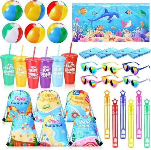 Honeydak 6 Set Pool Party Favors and Beach Toys End of Year Gift Summer Drawstring Backpack Bag Tumbler Cups Beach Towel Balls Sunglasses Bubble Wands for Pool Games Birthday Party Favors in Kuwait