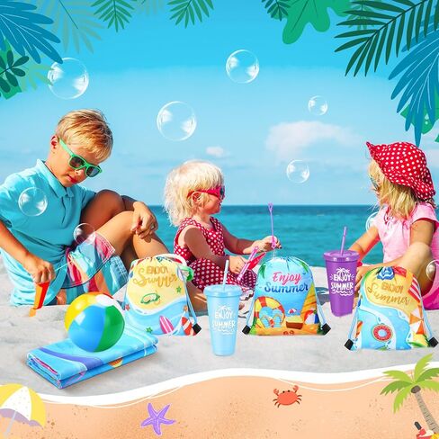 Honeydak 6 Set Pool Party Favors and Beach Toys End of Year Gift Summer Drawstring Backpack Bag Tumbler Cups Beach Towel Balls Sunglasses Bubble Wands for Pool Games Birthday Party Favors in Kuwait