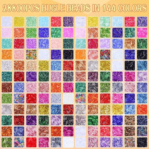 SONGIN 28800 Pcs Bugle Beads Kit, 6 Boxes Glass Tube Beads Set with 144 Colors, 7mm Long & 2mm Short Bugle Seed Beads for Jewelry Making, Bracelet Necklace, Embroidery and Crafts Supplies in Saudi Arabia